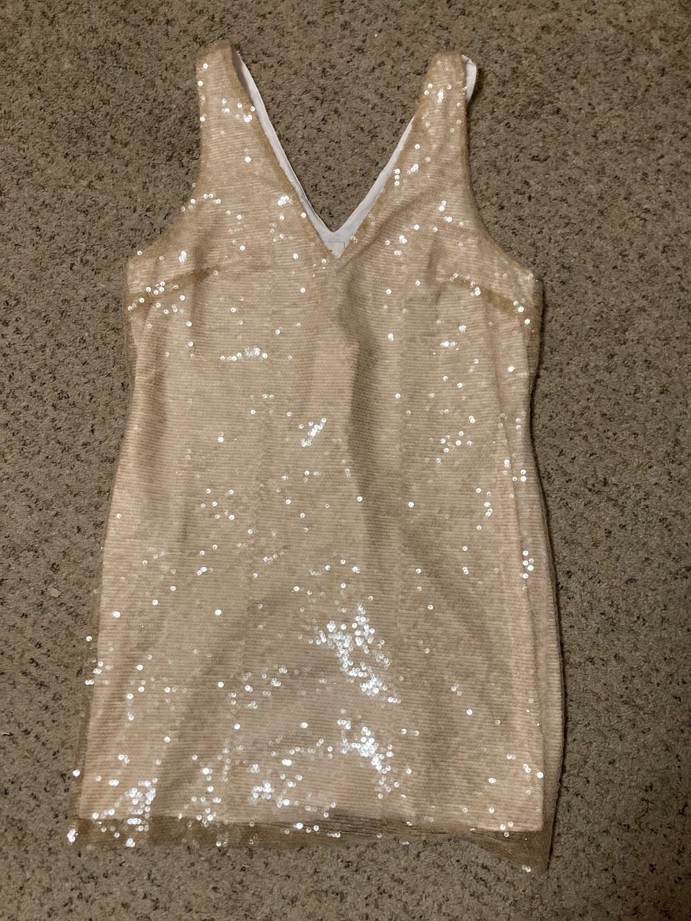 A New Day nude beige semi sheer sequin paillette mini dress V neck sleeveless